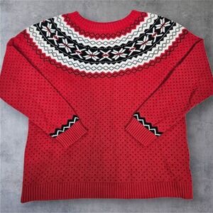 Talbots Petite Red Fair Isle Snowflake Knit Nordic Sweater Medium Petite G44